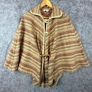 Vintage NPC Fashions Cape Poncho Shawl Womens Brown Belted Wool Toggle Front